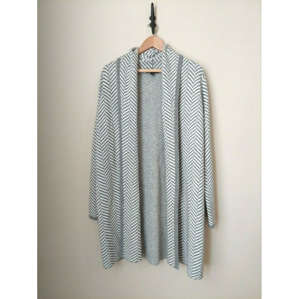 Ann Taylor Wool Blend Cardigan- Gray White Chevron Open Front Knit Jacket